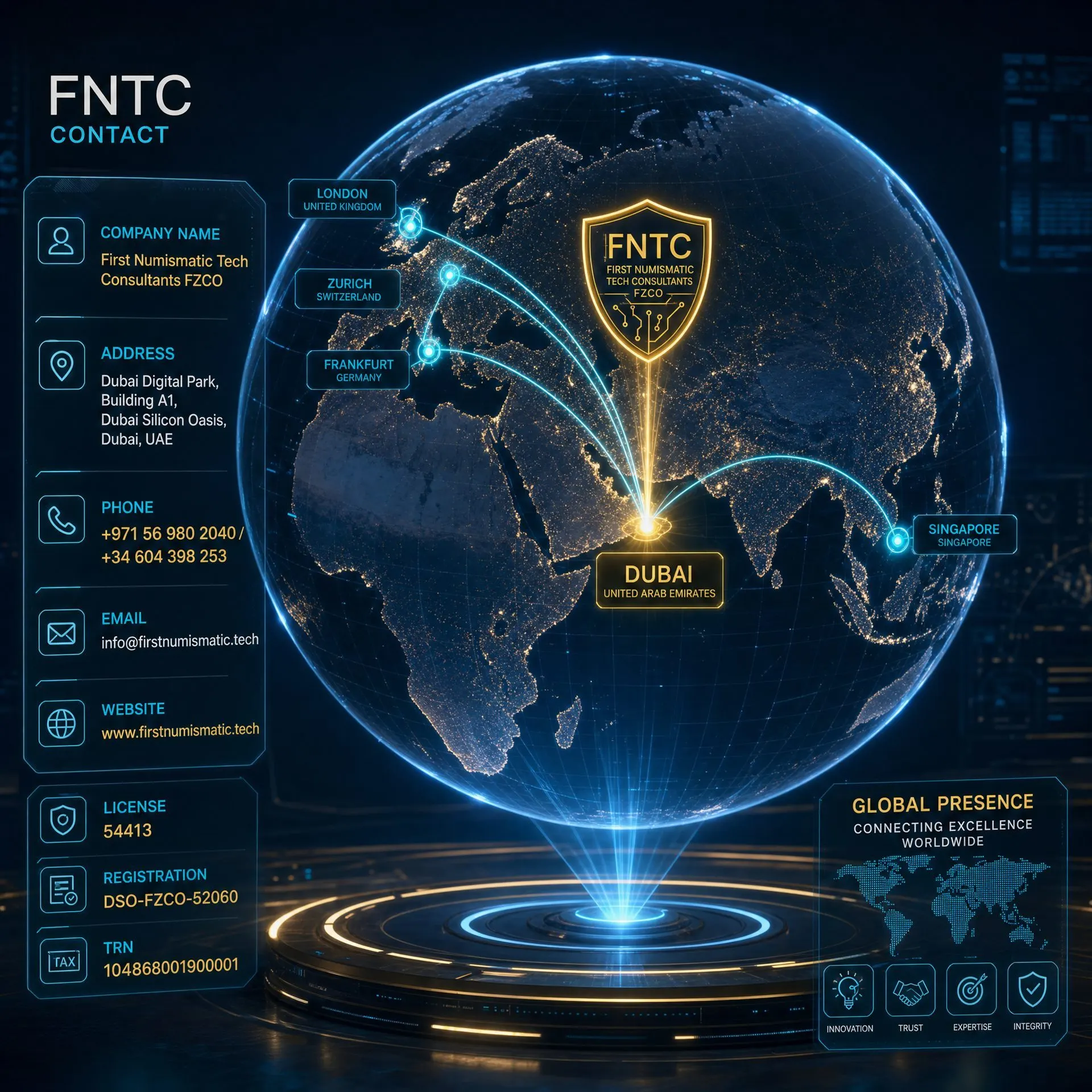 FNTC Global connections map covering London, Frankfurt, Zurich, Singapore, and Dubai Hub